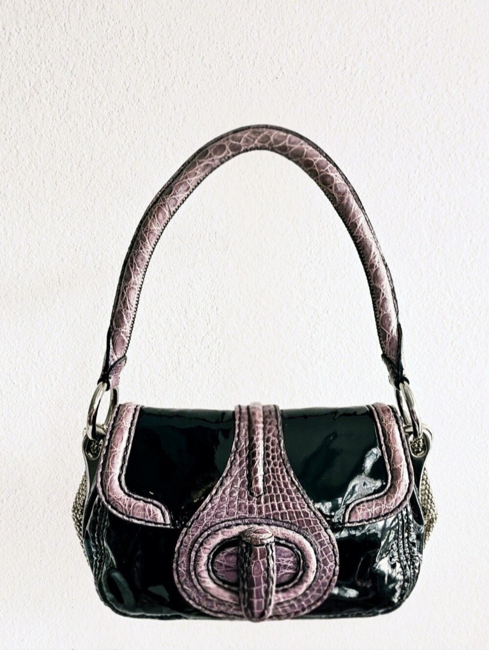 Prada Black Vernice & Crocodile Shoulder Bag